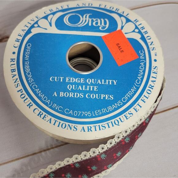 Vintage Poly/Cotton Maroon with Lace Edges Ribbon Trim, 275" - Picture 1 of 7